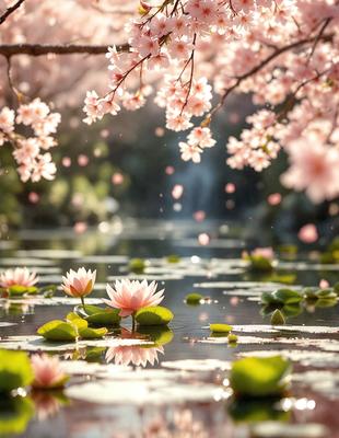 The primary subject of the image is a beautiful pink flower floating on the water. The setting is a serene pond with a gentle flow of water. The visual style is a photo, capturing the delicate beauty of the flower in its natural environment. The colors and mood of the image are predominantly pink, creating a sense of tranquility and harmony with nature.